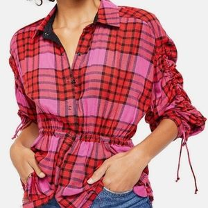 We the free Free People button down fringe drawnstrings plaid pink red XS